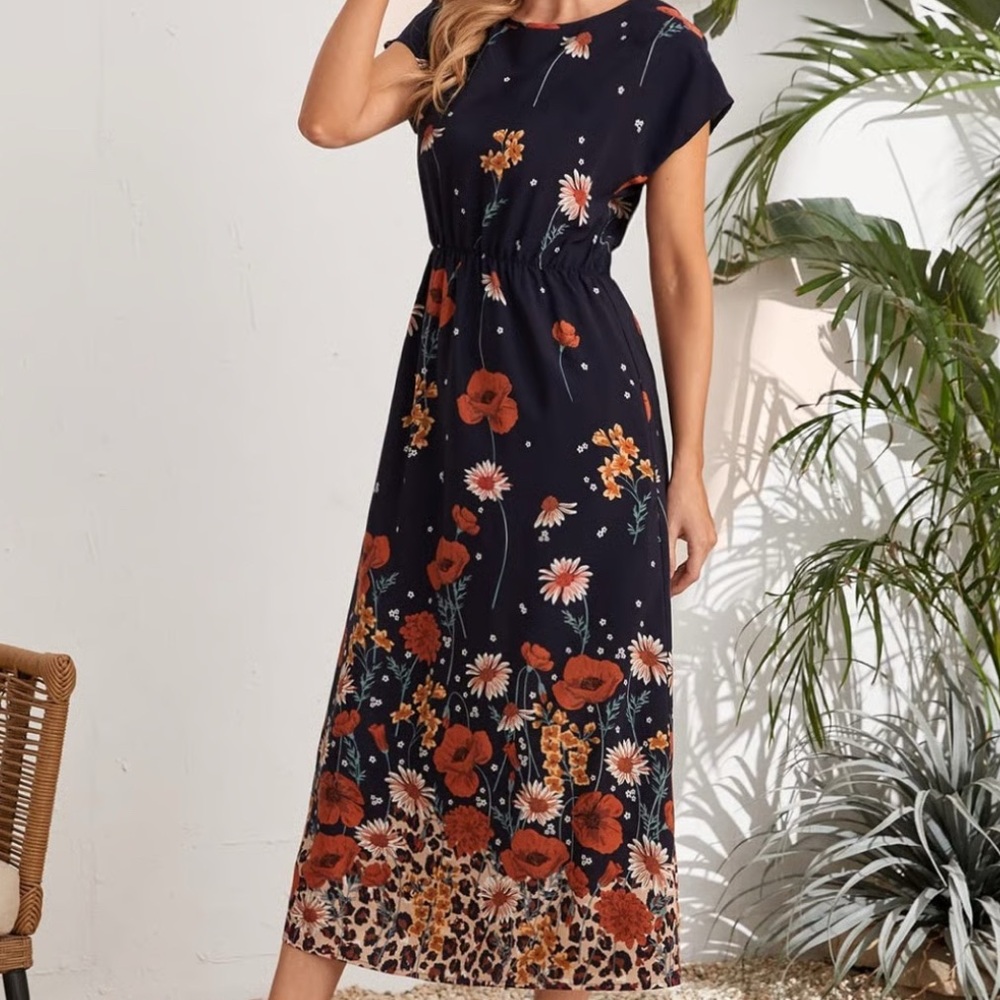 Boho Vintage Floral Flowy Navy Midi Dress